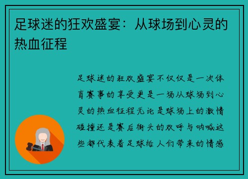 足球迷的狂欢盛宴：从球场到心灵的热血征程