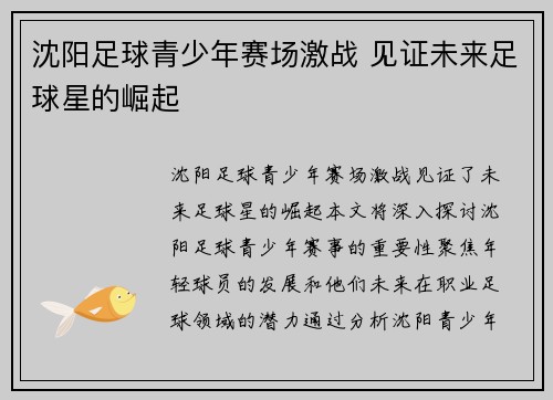 沈阳足球青少年赛场激战 见证未来足球星的崛起