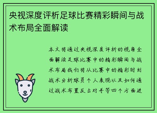 央视深度评析足球比赛精彩瞬间与战术布局全面解读