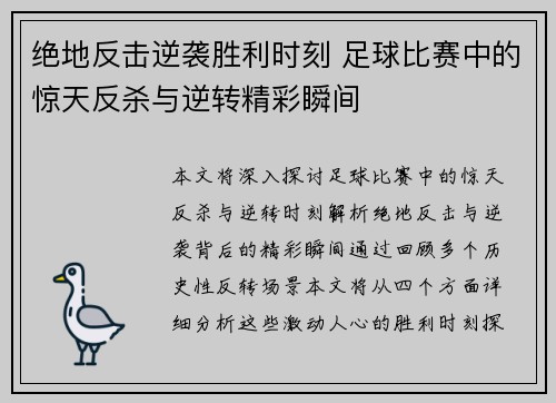 绝地反击逆袭胜利时刻 足球比赛中的惊天反杀与逆转精彩瞬间