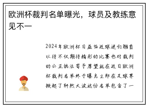欧洲杯裁判名单曝光，球员及教练意见不一