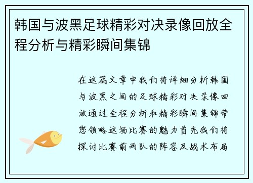 韩国与波黑足球精彩对决录像回放全程分析与精彩瞬间集锦