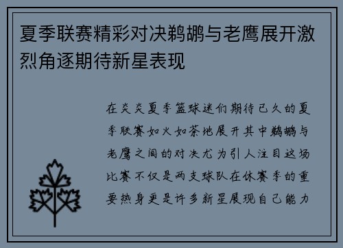 夏季联赛精彩对决鹈鹕与老鹰展开激烈角逐期待新星表现