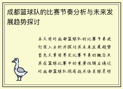 成都篮球队的比赛节奏分析与未来发展趋势探讨