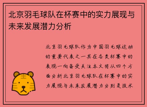 北京羽毛球队在杯赛中的实力展现与未来发展潜力分析